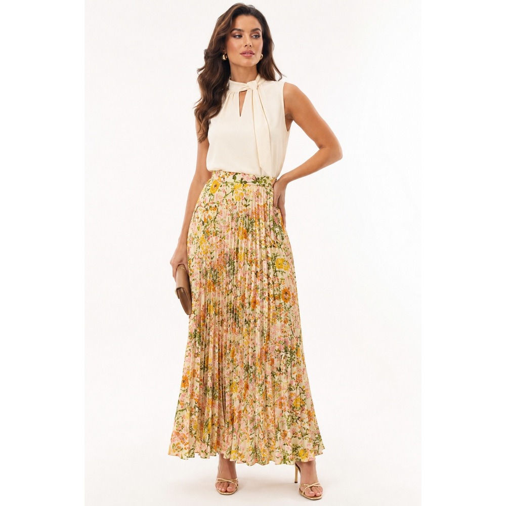 Skies Are Blue Ginebra Maxi Skirt Yellow Floral Pleated Long Skirt MP NEW